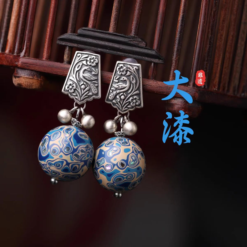 Retro blue earrings made of lacquer