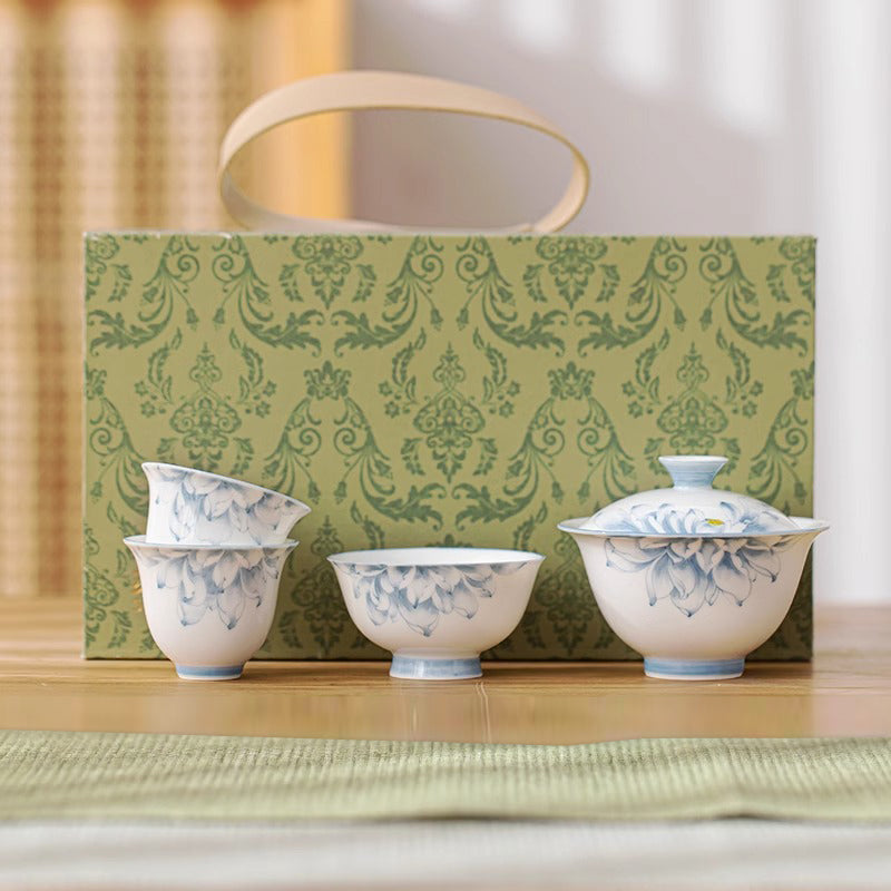 (Lotus Rhyme) White Porcelain Covered Bowl Set