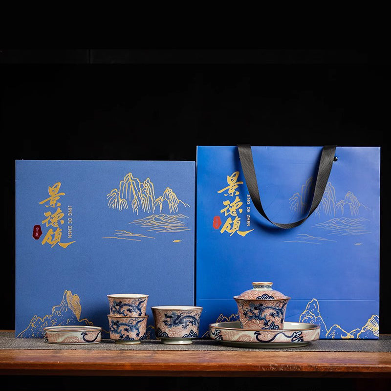 Ice Crackle Underglazed Red Sea-Dragon Tea Set