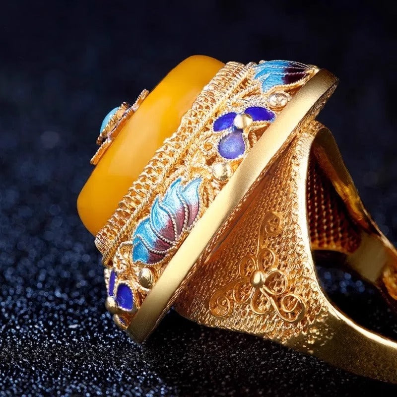 Intangible Cultural Heritage Yellow Jade and Beeswax Ring