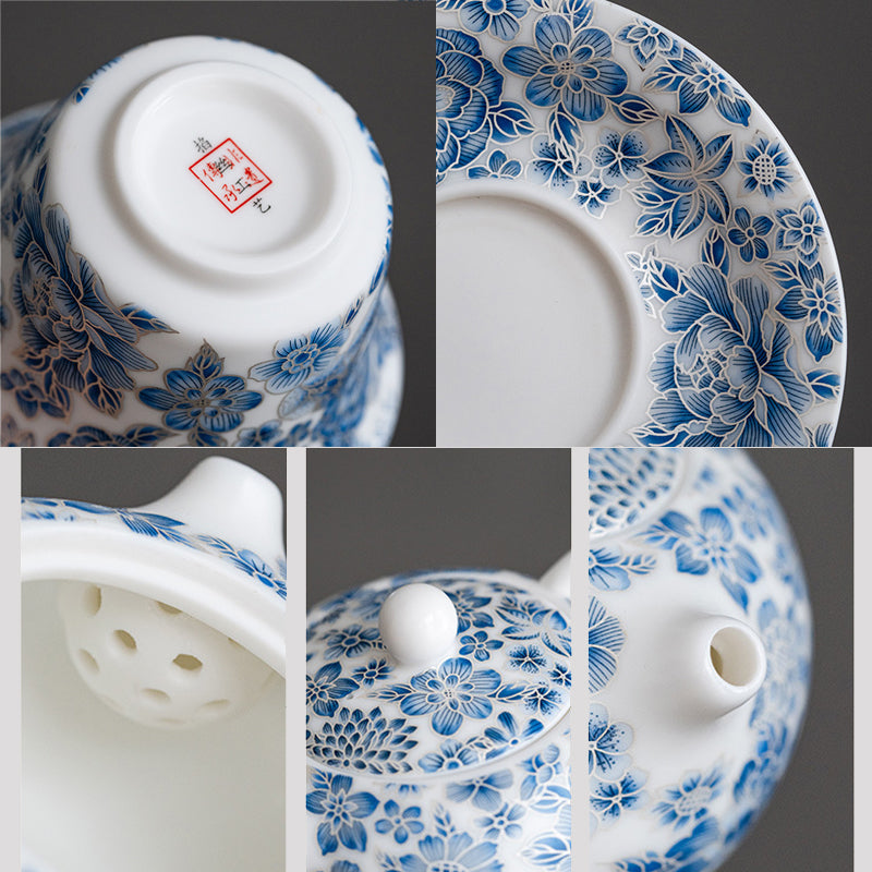 Mutton-Fat Jade Floral Tea Set