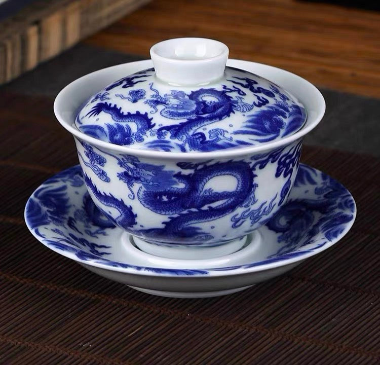 Antique Blue and White Double Dragon Sancai Gaiwan | Jingdezhen Handmade Porcelain Kung Fu Tea Bowl