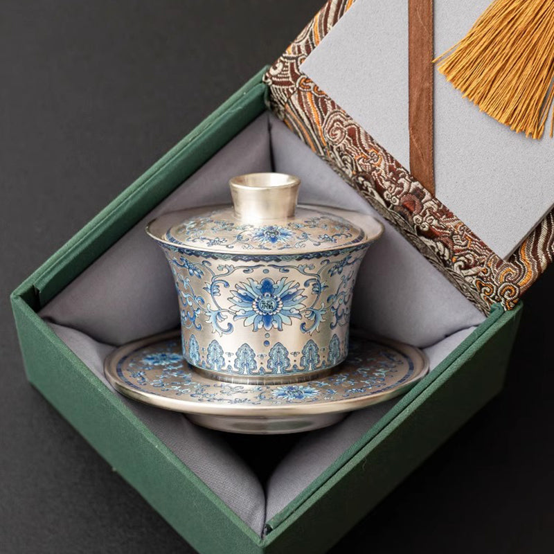 Gilded Silver Good Fortune Lotus Three Layered Covered Bowl Set