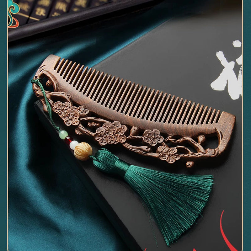 Natural Ebony Carved Comb Chinese Classical Born Beautiful Wooden Comb Antistatic