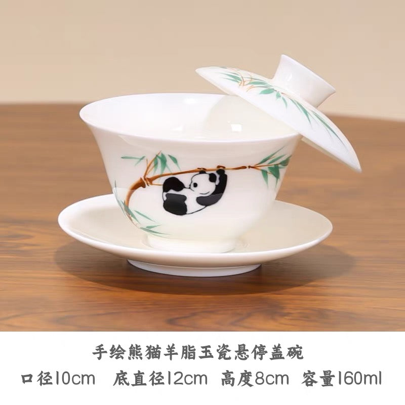 Hand-Painted Panda Mutton-Fat Jade Porcelain Gaiwan (160ml)