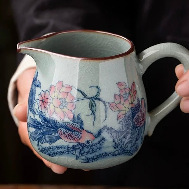 Jingdezhen Old Clay "Abundant Fortune" Fairness Pitcher - Chinese Tea Server—Traditional Chinese gongfu tea pitcher, handcrafted from Jingdezhen old clay with lotus & koi design. Evenly divide tea with authentic porcelain