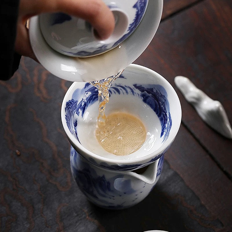 Blue & White Landscape Porcelain Tea Strainer Set