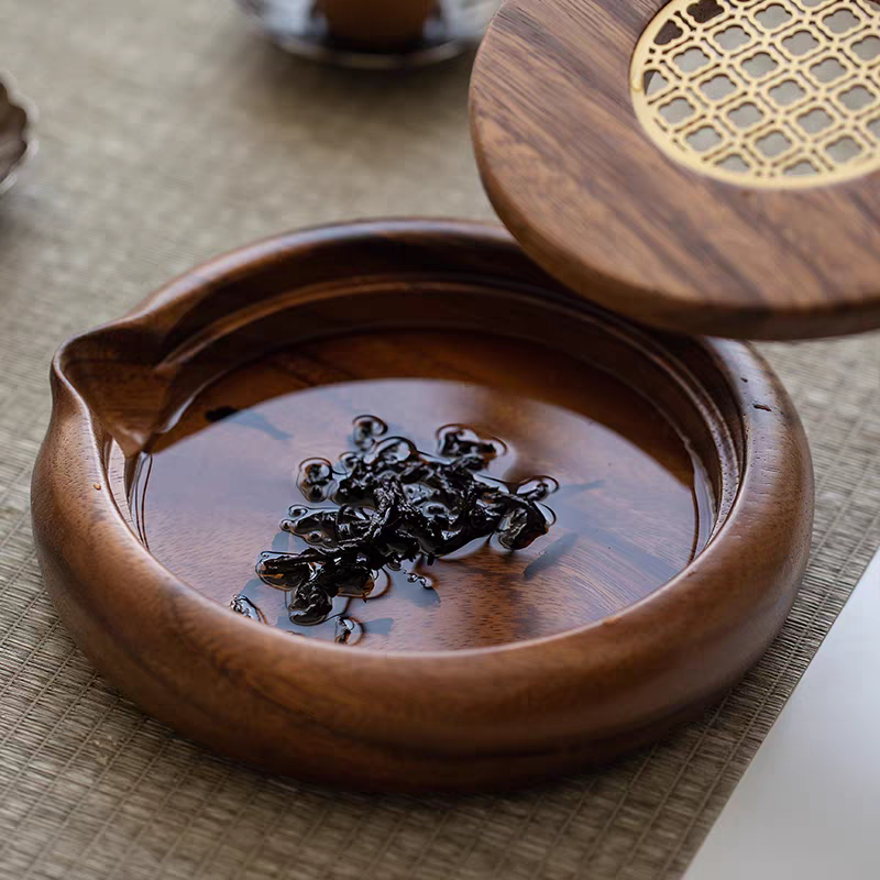 Solid Walnut Wood Teapot Holder - Round Water Storage Tea Tray for Wet Brewing, Yixing Teapot Care Pad, Kung Fu Tea Serving Tray