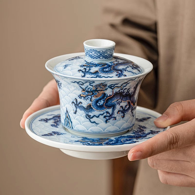 White and Blue Porcelain Dragon Gaiwan with Plate