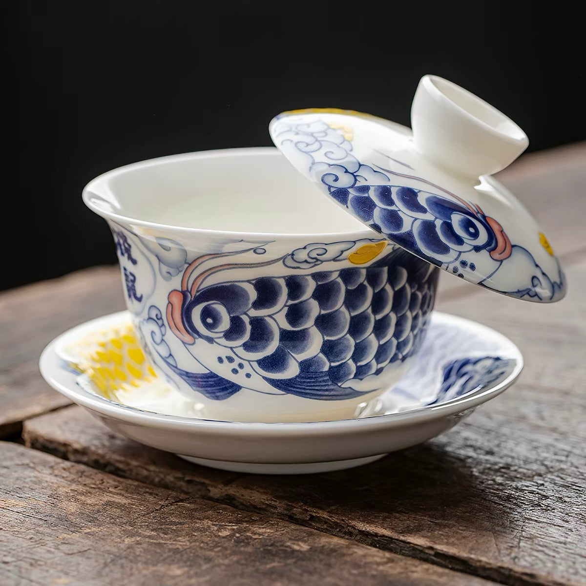 Mutton‑Fat Jade Porcelain Hover Gaiwan, Dragon‑Fish Ingot Pattern 190ml Dehua White Porcelain Three‑Talent Gaiwan for Gongfu Tea