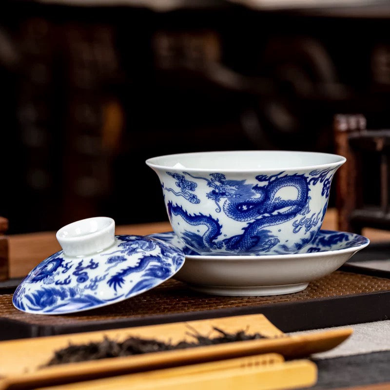 Antique Blue and White Double Dragon Sancai Gaiwan | Jingdezhen Handmade Porcelain Kung Fu Tea Bowl