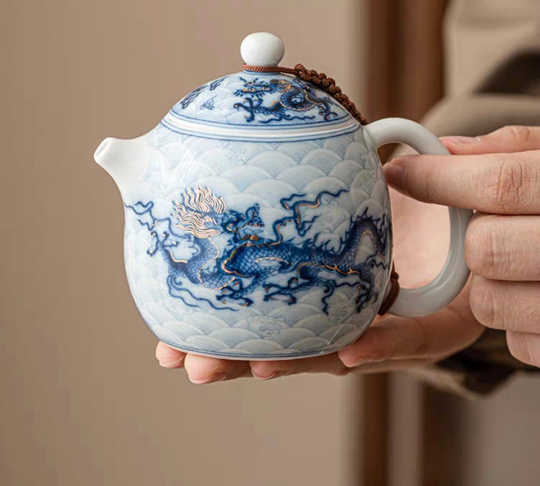 White and Blue Porcelain Dragon Teapot