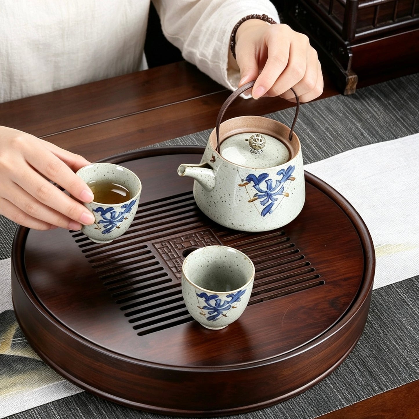 Round Bamboo Tea Tray | Drainage & Water Storage Tea  | Home Kung Fu Tea Ceremony Storage Server