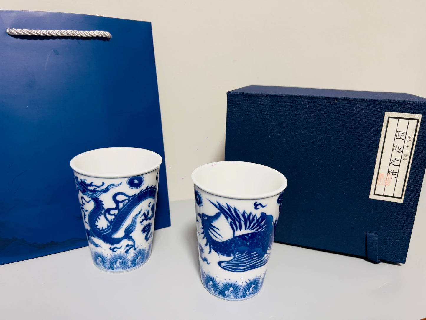 White and Blue Porcelain Dragon and Phoenix the Couple Set Beer Cup