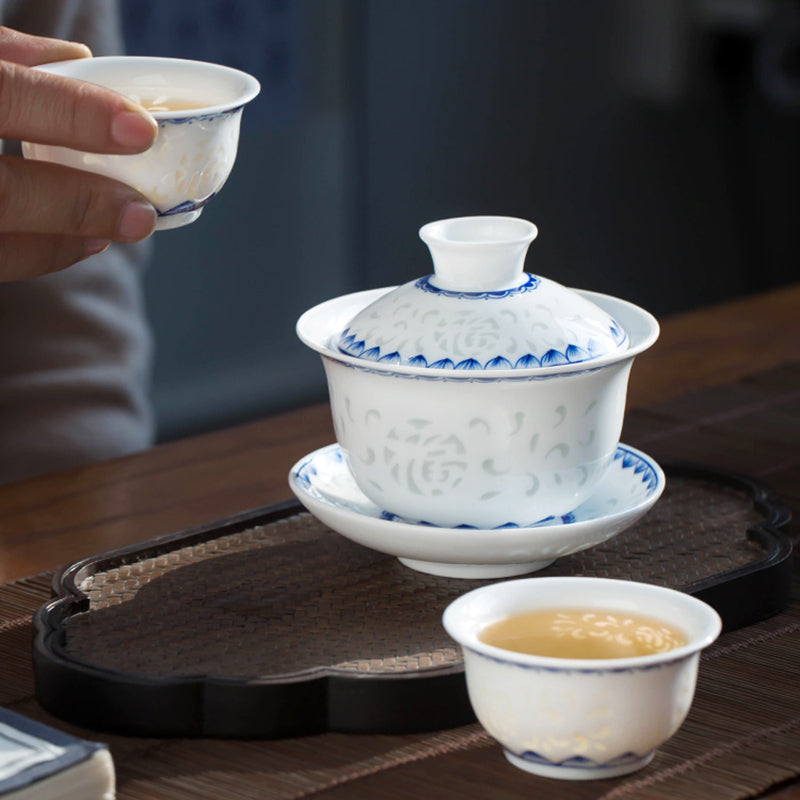 Qinghua Linglong Porcelain Gaiwan Set/Single Teacup