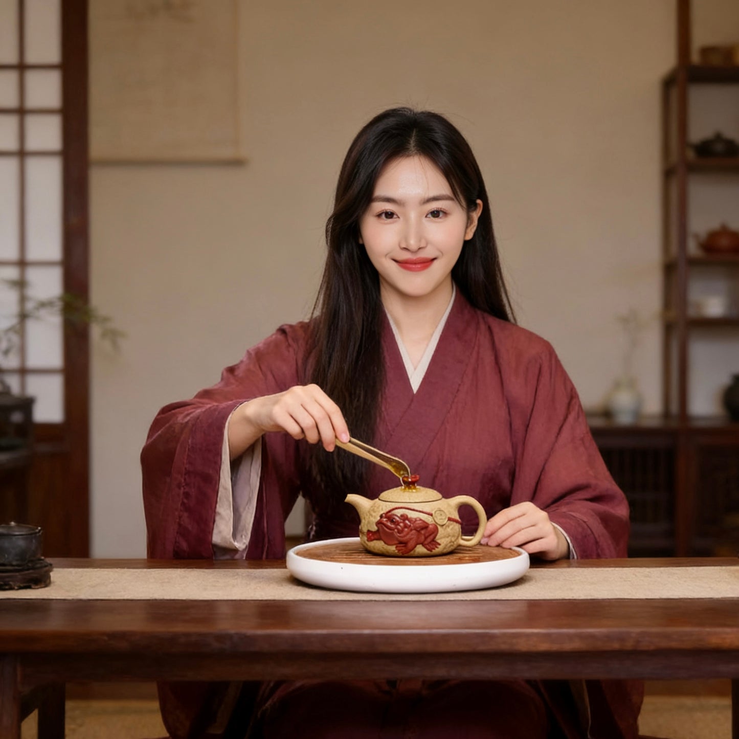 Handmade Yixing zisha teapot with Jin Chan (money toad) for wealth & good luck. Made from aged duan clay. Perfect for tea drinking, collection & gift.