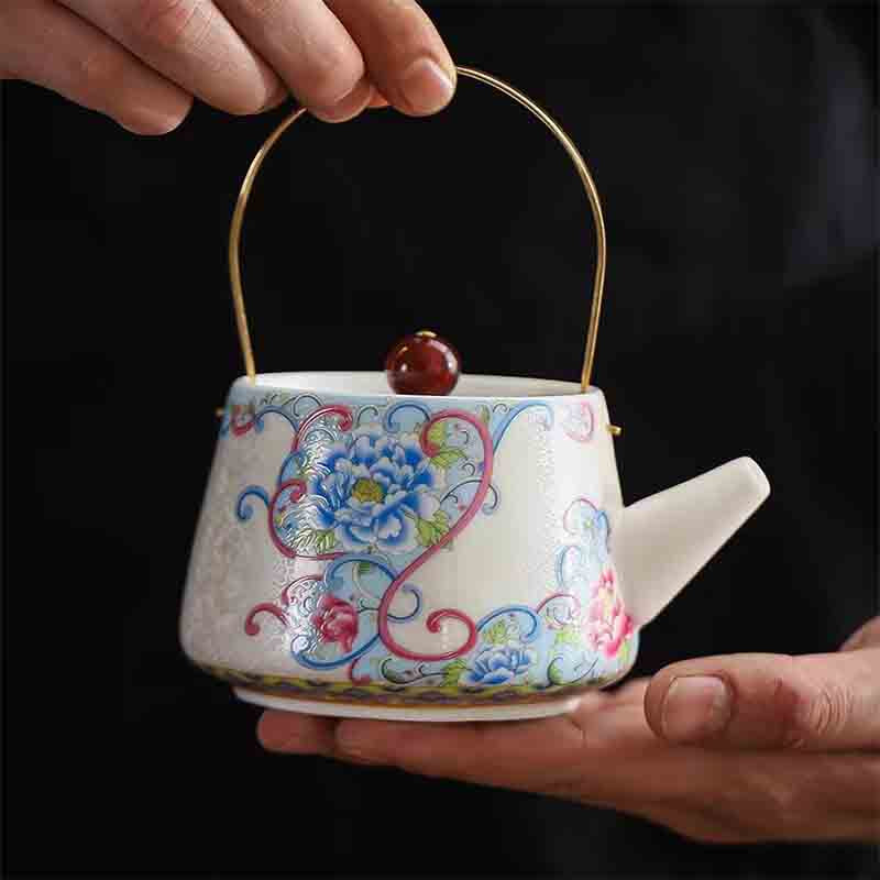 Mutton-fat jade cloisonné enamel handle pot, one pot and two cups, enamel craftsmanship used by the imperial court—Royal Pink