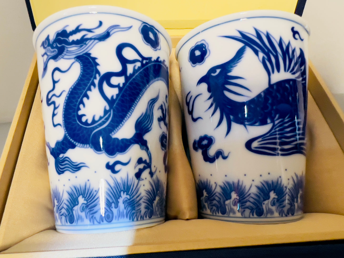 White and Blue Porcelain Dragon and Phoenix the Couple Set Beer Cup