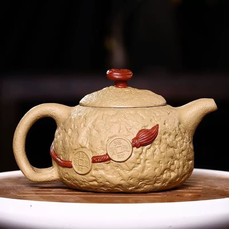 Handmade Yixing zisha teapot with Jin Chan (money toad) for wealth & good luck. Made from aged duan clay. Perfect for tea drinking, collection & gift.
