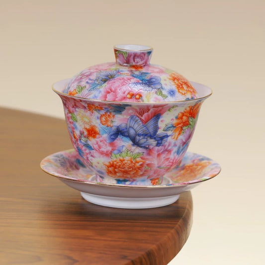 Enamel Color Butterfly & Flower Gaiwan - Chinese Imperial Tea Bowl— Elegant enamel gaiwan inspired by Qing Dynasty imperial craftsmanship, perfect for gongfu tea lovers and gifting
