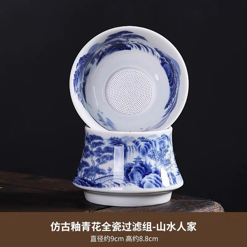 Blue & White Landscape Porcelain Tea Strainer Set