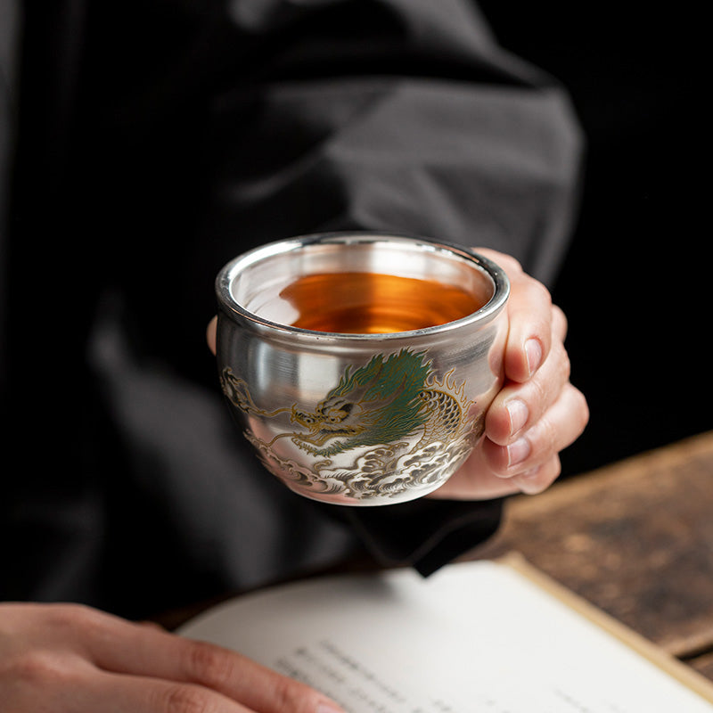 Vintage Silver Gilt Green Dragon Teacup