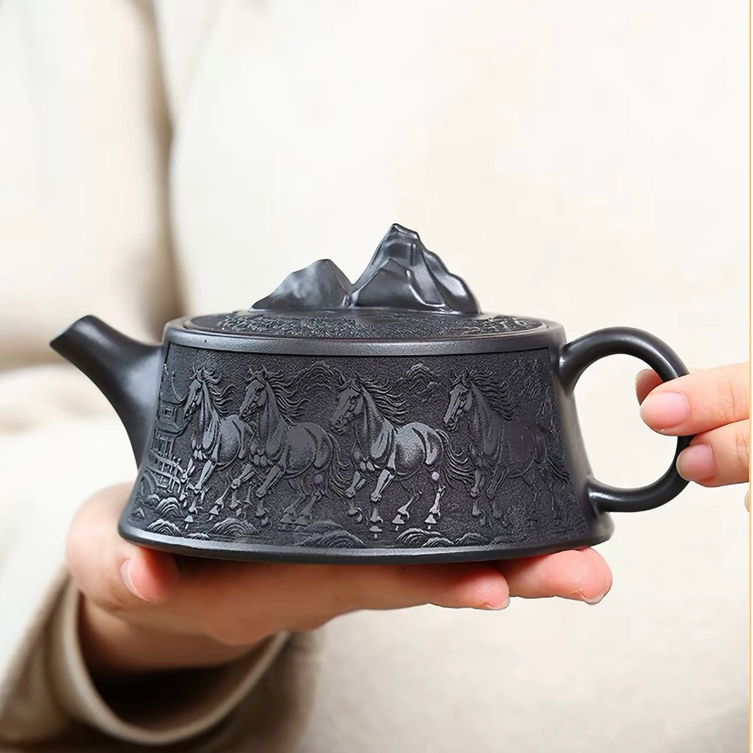 Authentic Yixing Zisha Teapot | Aged Original Shihuang Clay, Full Hand-Carved Eight Horses Pattern, Guanshan Zisha Teapot, Premium Kung Fu Teaware & Luxury Gift Collection