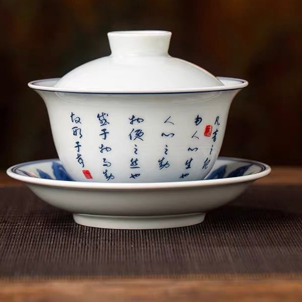 Jingdezhen Porcelain Antique Clay Sancai Gaiwan, Blue and White Opera Huadan Pattern, Hoverable Anti-scald Large Capacity Tea Brewing Bowl for Home Use