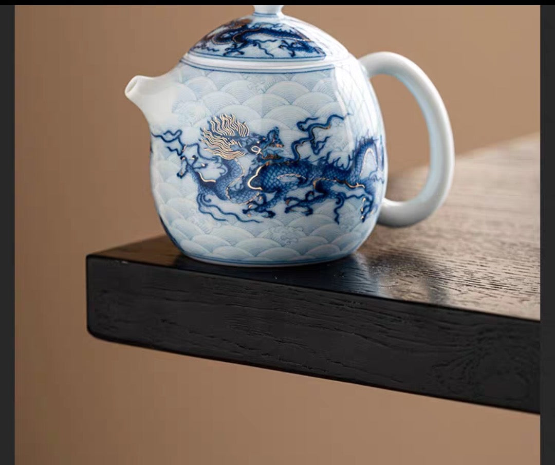 White and Blue Porcelain Dragon Teapot