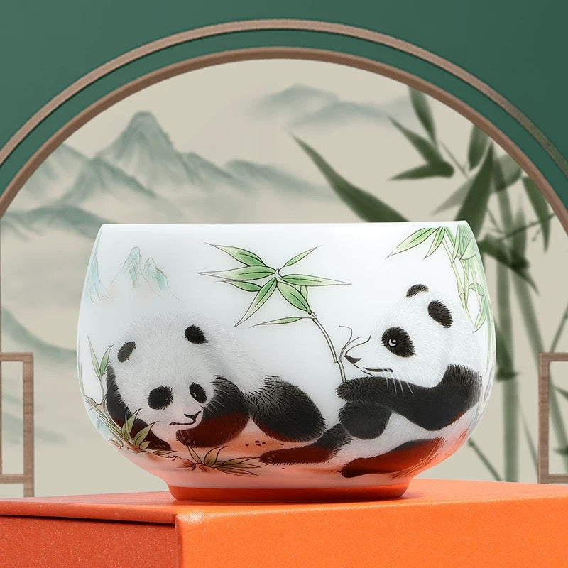 Panda Icy Jade Porcelain Tea Cup | Luxury Personal Master Tea Cup —Premium icy jade porcelain tea cup with adorable panda design, smooth & translucent texture, ideal for personal use and elegant gifting