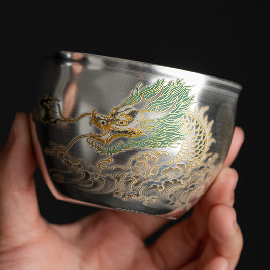 Vintage Silver Gilt Green Dragon Teacup