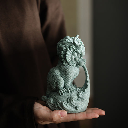 Green sandstone mythical beast Qilin Tea Pet