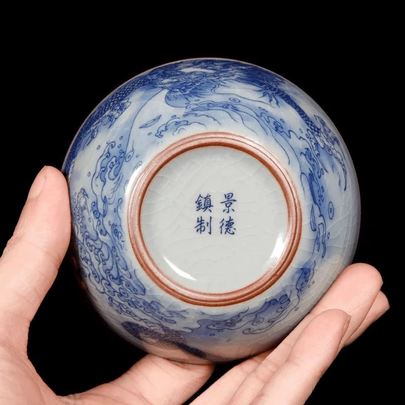 Jingdezhen Old Pottery Clay Dragon Crossing the River Pu'er Teacup | Handmade Master Cup