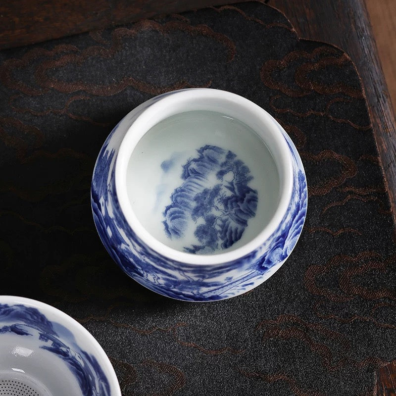 Blue & White Landscape Porcelain Tea Strainer Set
