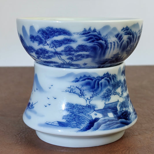 Blue & White Landscape Porcelain Tea Strainer Set