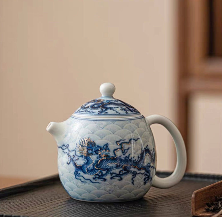 White and Blue Porcelain Dragon Teapot