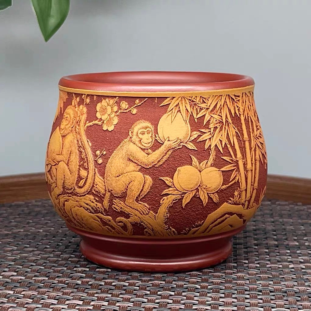 Yixing Raw Ore Dahongpao Zisha, Fully Hand-Carved "Five Monkey Gather Blessings" Chinese Zodiac Monkey Master Cup, Dual-Color General Tea Cup—160CC