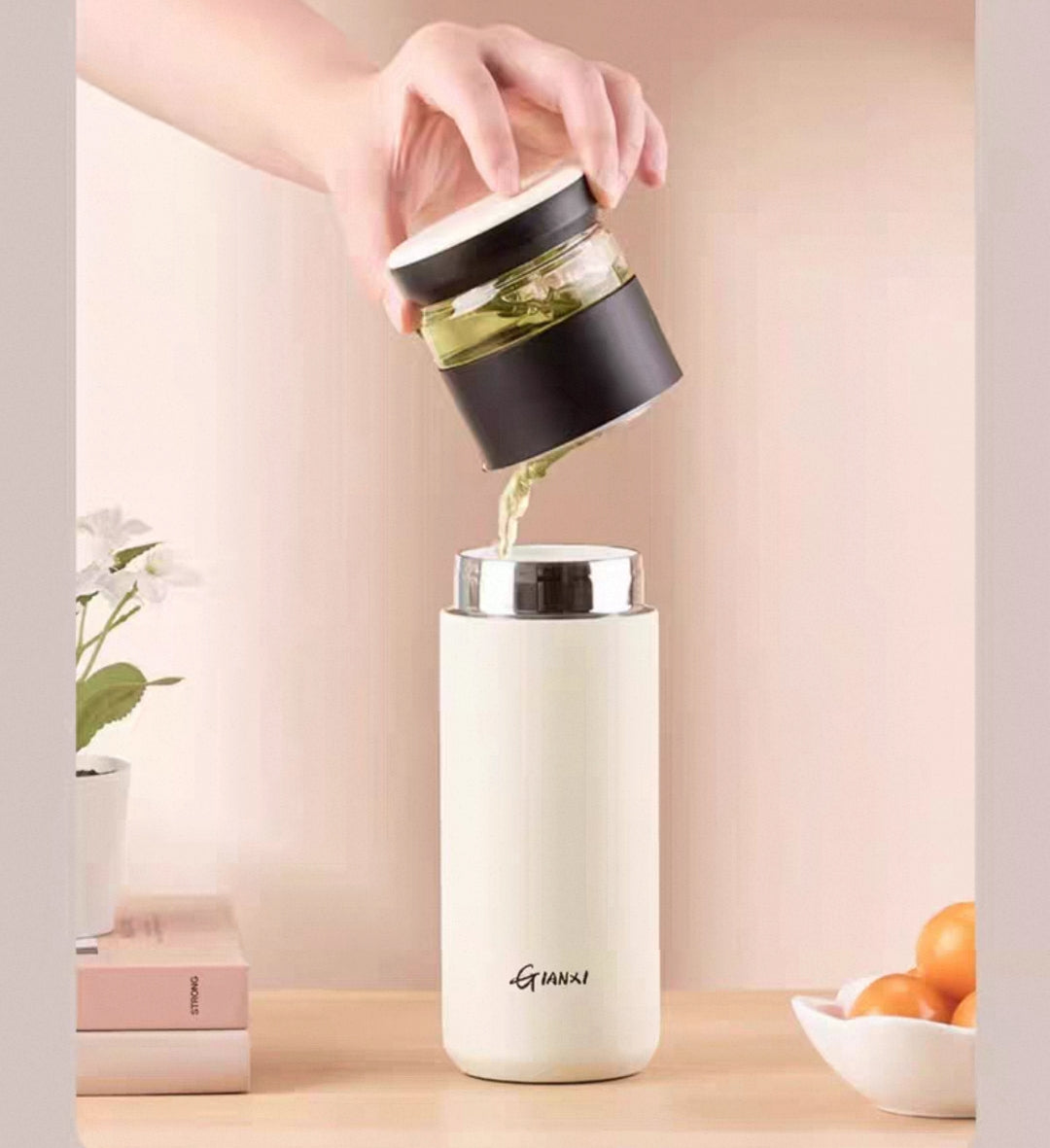 Fashion Style Insulated Tea Cup with Tea-Water Separation - Ceramic Liner, SUS 316 Stainless Steel—Easy to make tea and drink tea at anytime and anyplaces