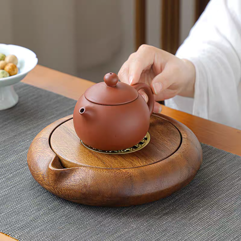 Solid Walnut Wood Teapot Holder - Round Water Storage Tea Tray for Wet Brewing, Yixing Teapot Care Pad, Kung Fu Tea Serving Tray