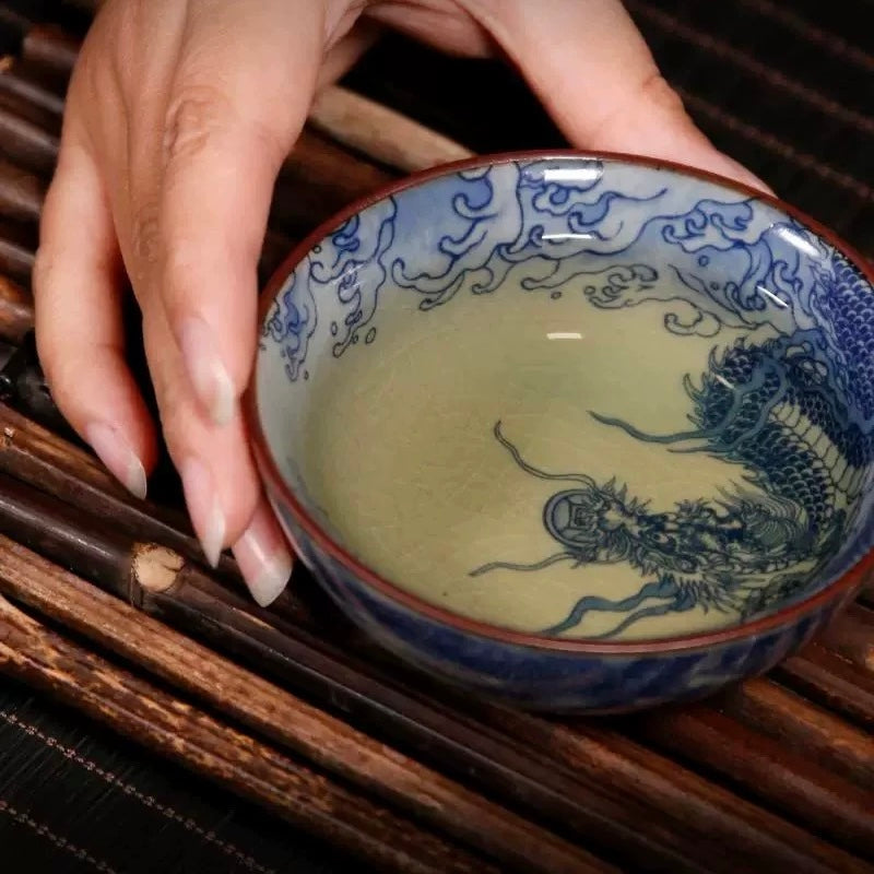 Jingdezhen Old Pottery Clay Dragon Crossing the River Pu'er Teacup | Handmade Master Cup