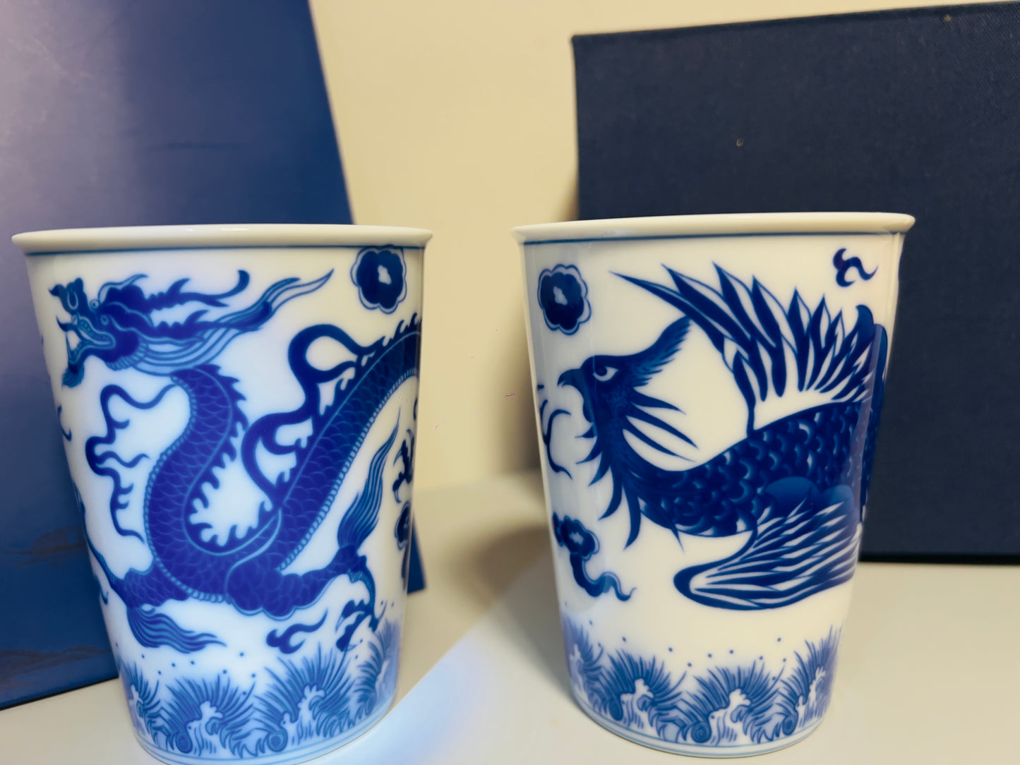 White and Blue Porcelain Dragon and Phoenix the Couple Set Beer Cup