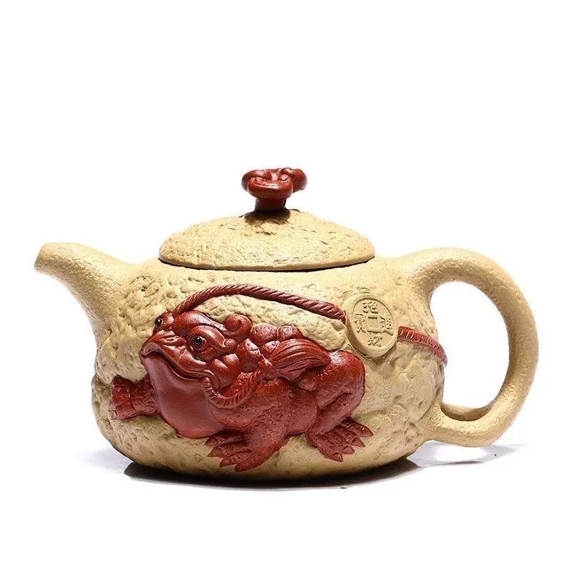 Handmade Yixing zisha teapot with Jin Chan (money toad) for wealth & good luck. Made from aged duan clay. Perfect for tea drinking, collection & gift.