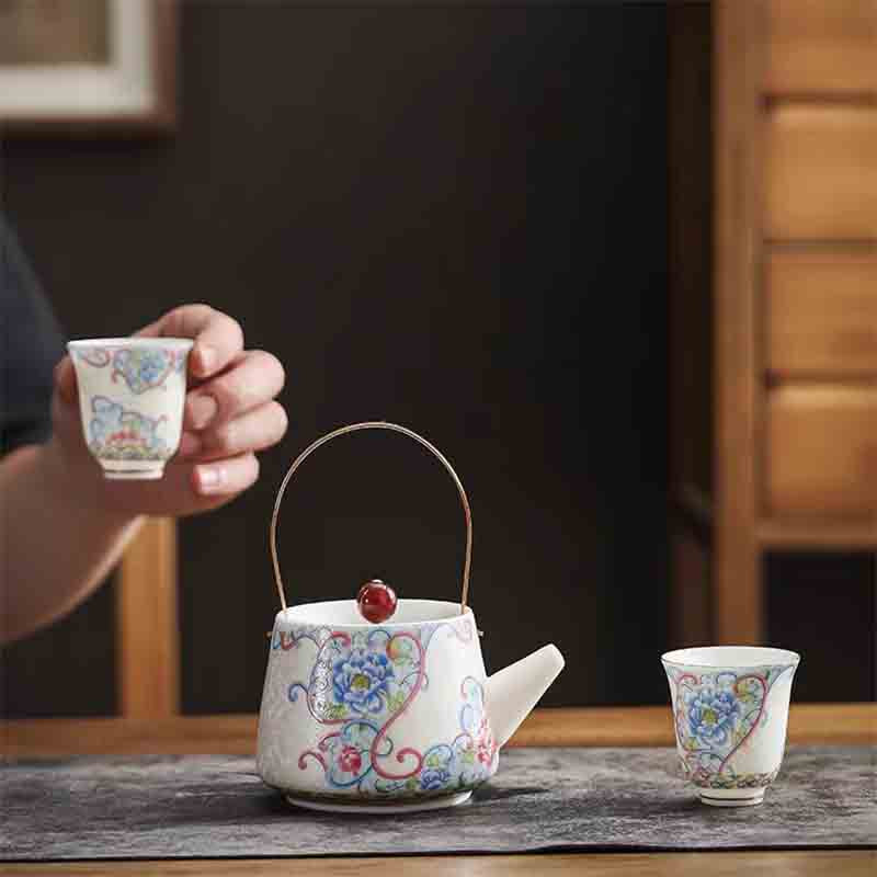 Mutton-fat jade cloisonné enamel handle pot, one pot and two cups, enamel craftsmanship used by the imperial court—Royal Pink