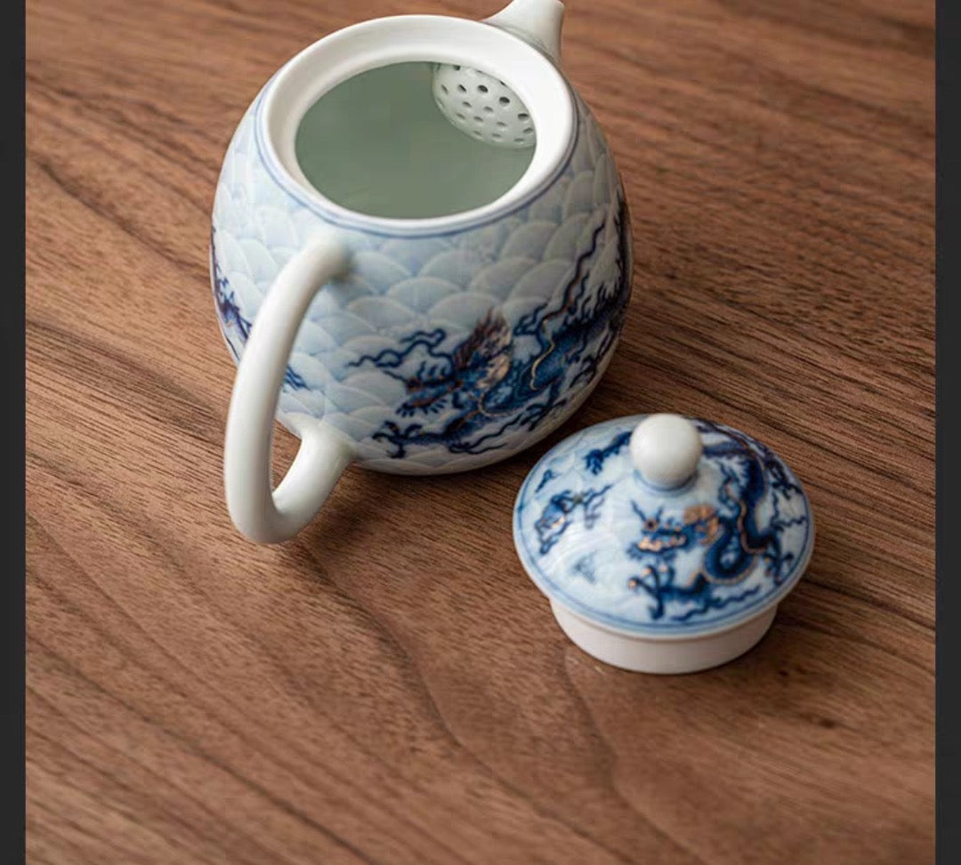 White and Blue Porcelain Dragon Teapot