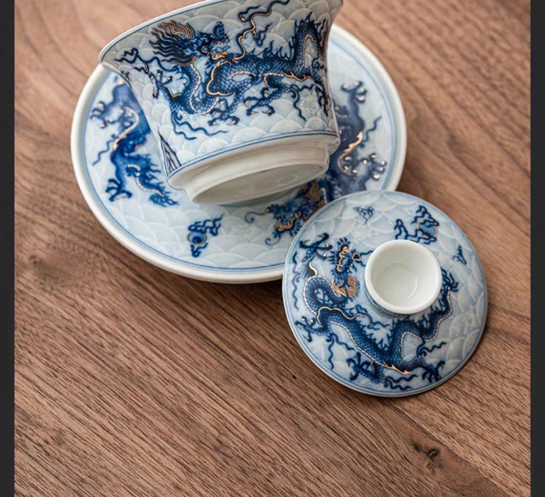 White and Blue Porcelain Dragon Gaiwan with Plate