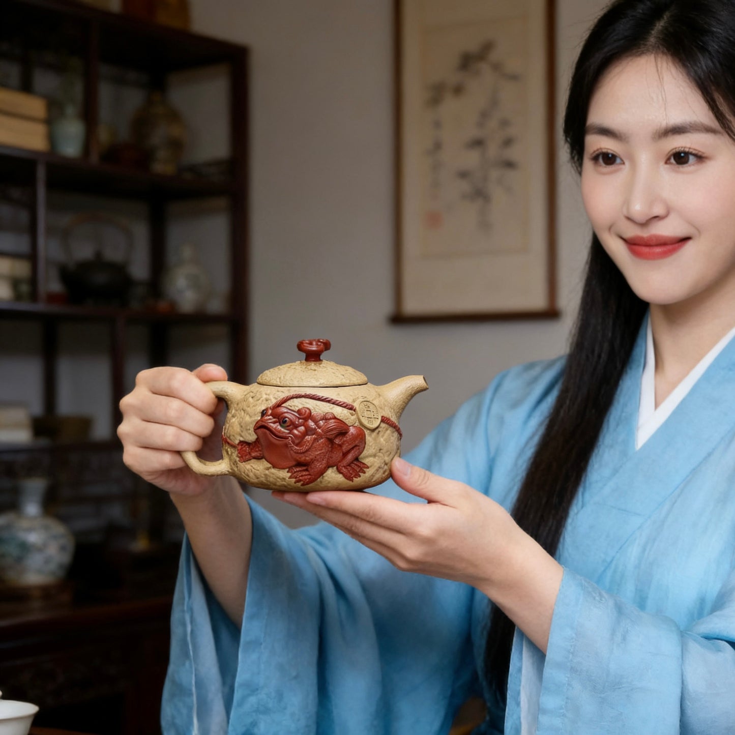 Handmade Yixing zisha teapot with Jin Chan (money toad) for wealth & good luck. Made from aged duan clay. Perfect for tea drinking, collection & gift.