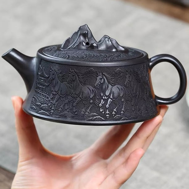 Authentic Yixing Zisha Teapot | Aged Original Shihuang Clay, Full Hand-Carved Eight Horses Pattern, Guanshan Zisha Teapot, Premium Kung Fu Teaware & Luxury Gift Collection