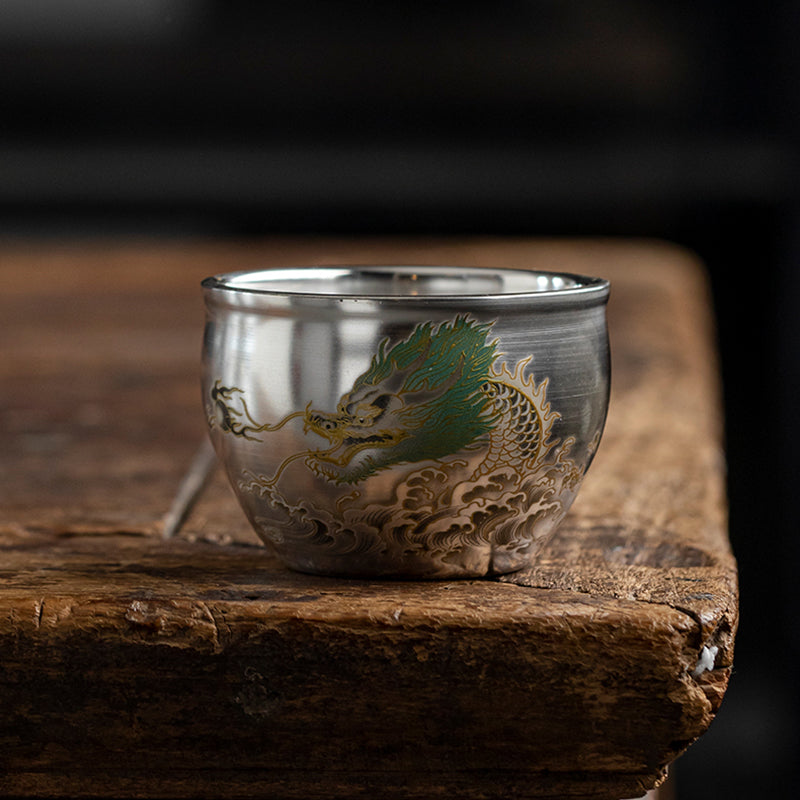 Vintage Silver Gilt Green Dragon Teacup