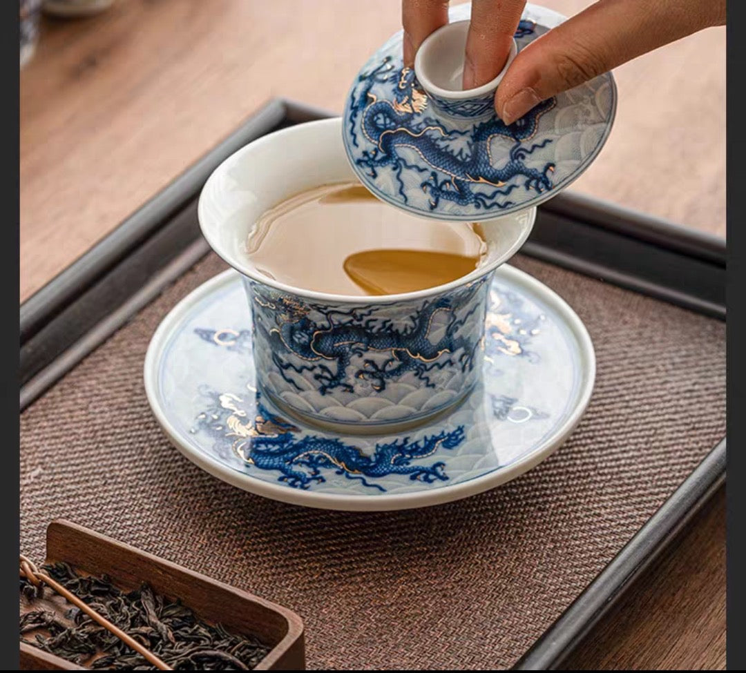 White and Blue Porcelain Dragon Gaiwan with Plate