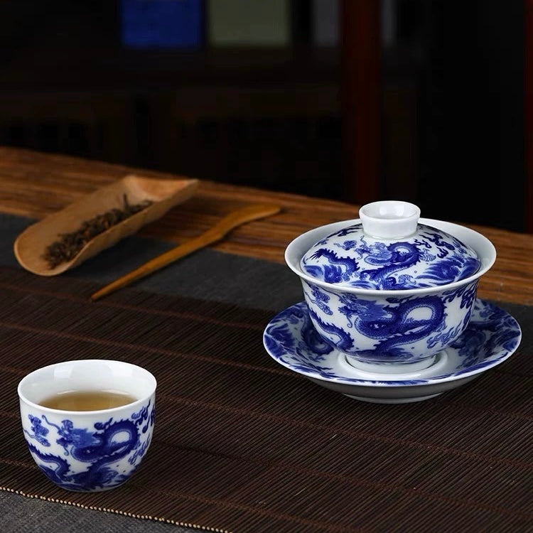 Antique Blue and White Double Dragon Sancai Gaiwan | Jingdezhen Handmade Porcelain Kung Fu Tea Bowl